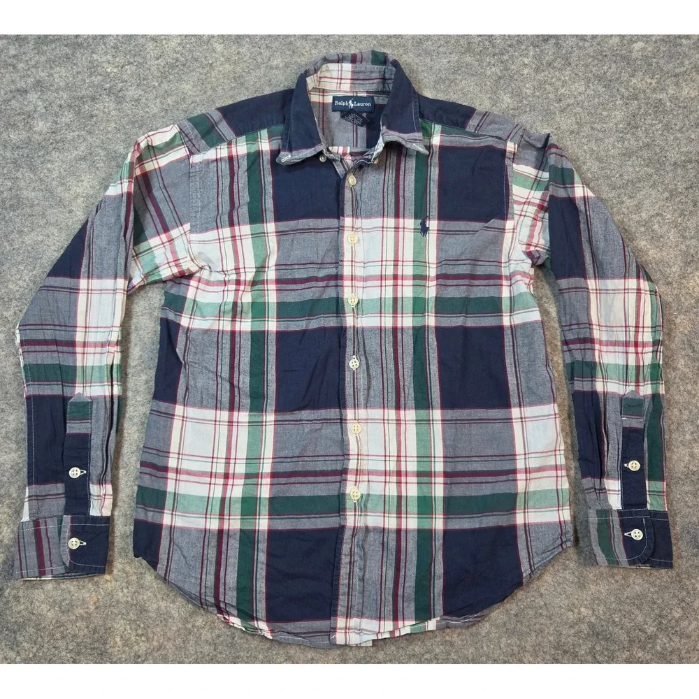 Ralph Lauren Boys Plaid Button Down Shirt Navy Green Red Cotton Size M 12/14